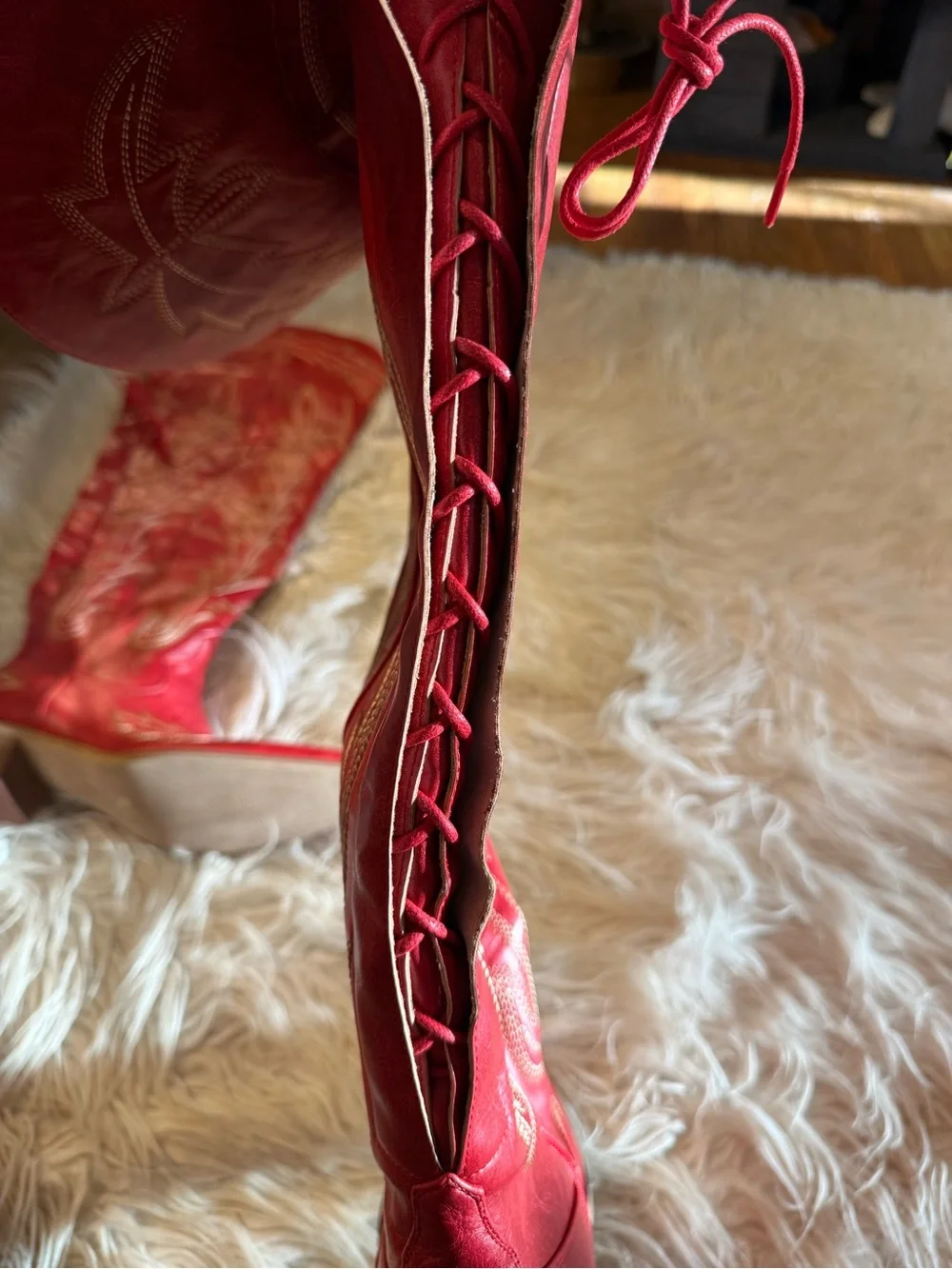 Women's Red Embroidered Western Knee-High Boots